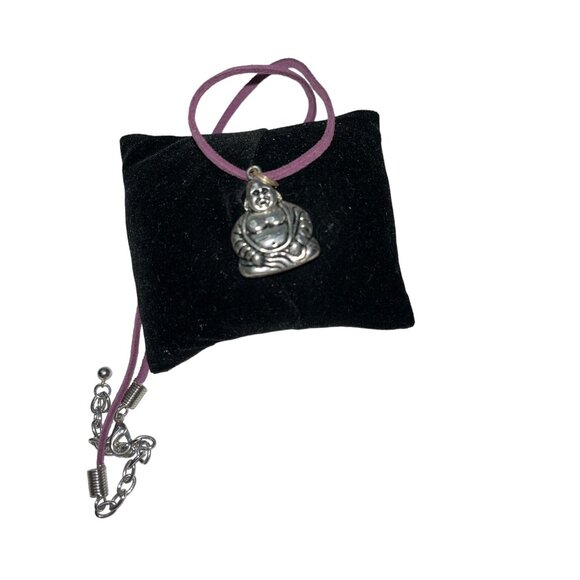 Silver Textured Fat Buddha Charm Amulet Pendant Purple Leather Zen Necklace - Picture 4 of 5